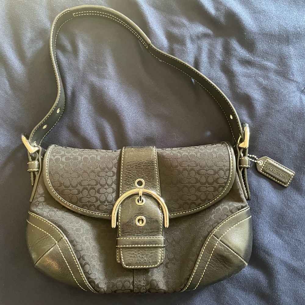 Coach Signature mini black leather/cc canvas shoulder bag.  Style 6818.